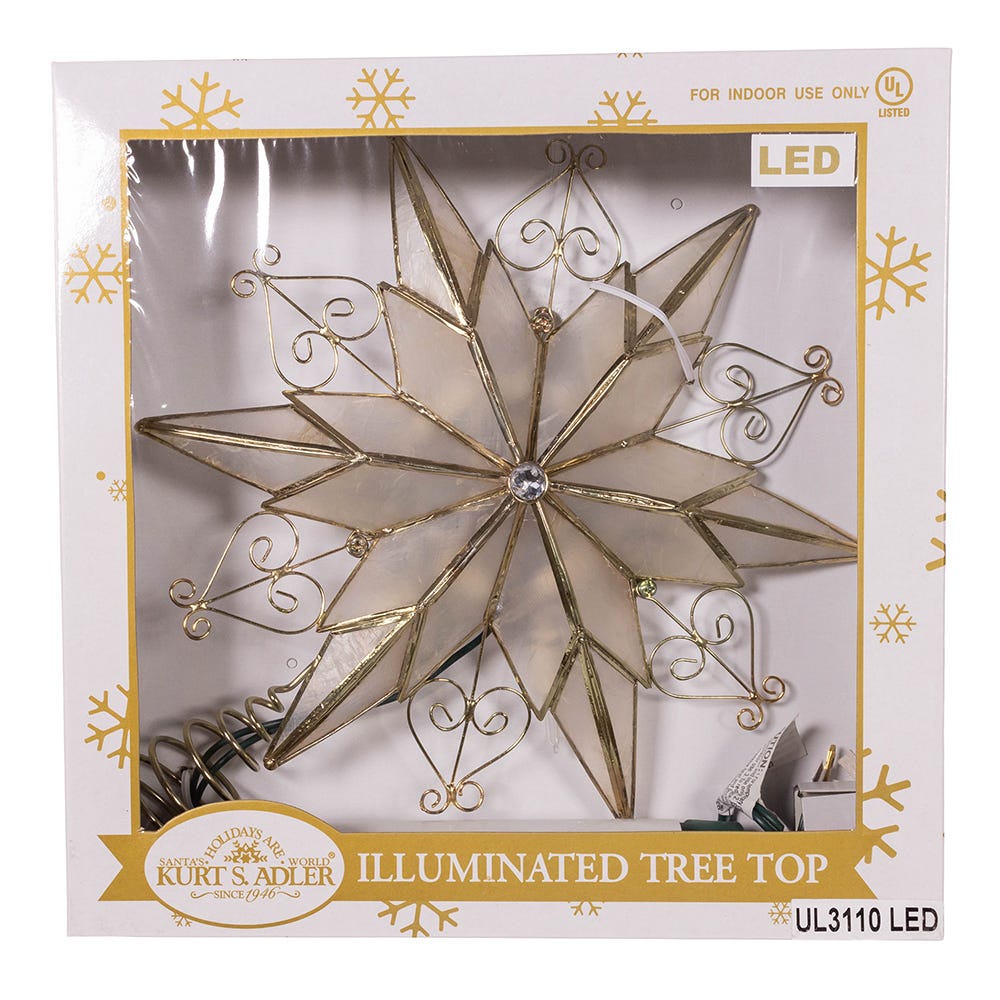 Kurt Adler 10-Light LED 6-Point Brass Plated Capiz Star With Scroll Design Tree Topper